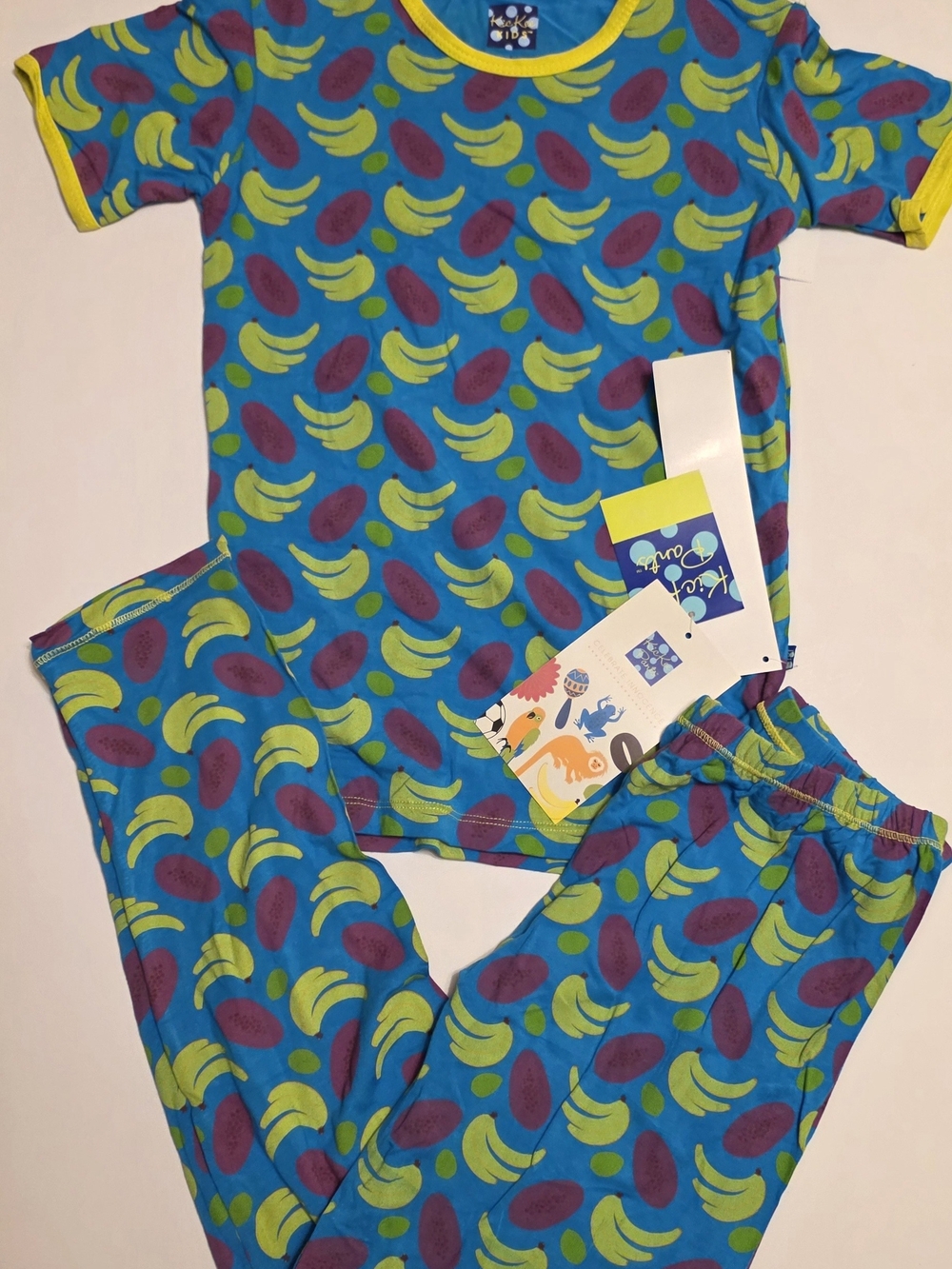 Kickee Pants Blue Banana Print Kids Pajama Set with Yellow Trim